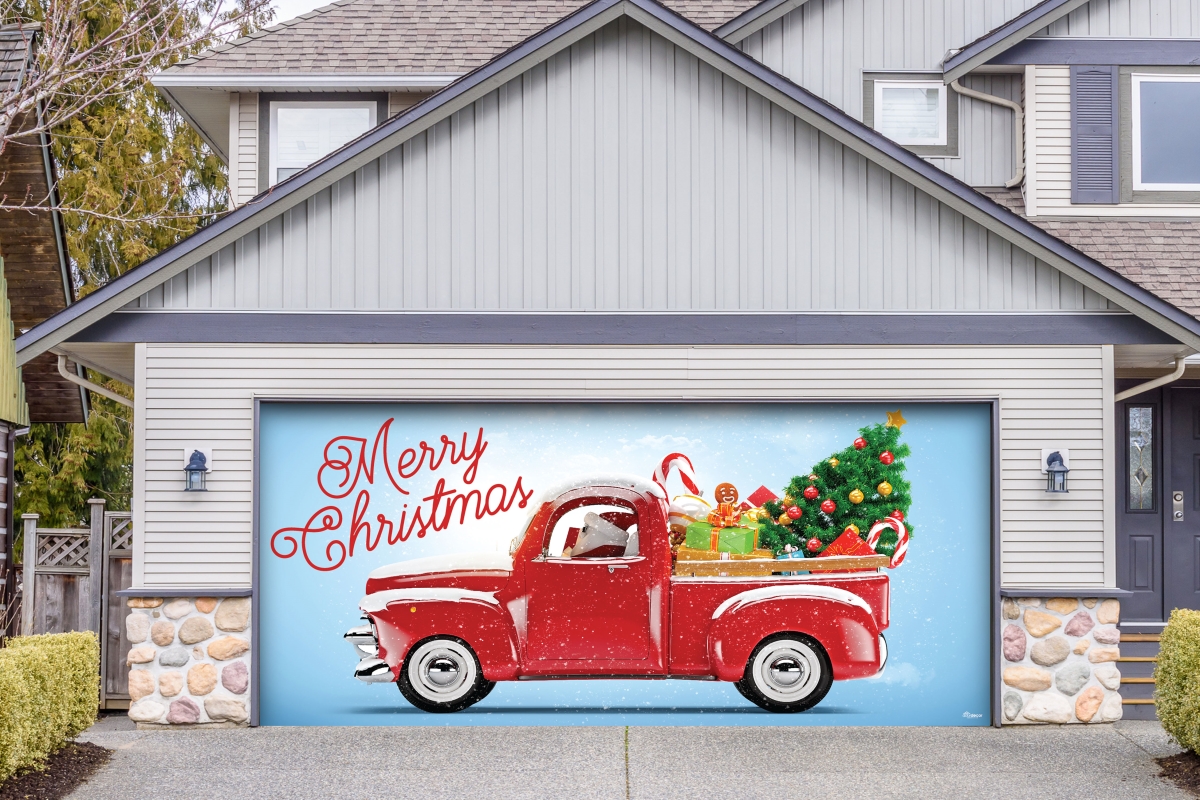 285905xmas-028 7 X 16 Ft. Red Truck Christmas Christmas Door Mural Sign Car Garage Banner Decor, Multi Color