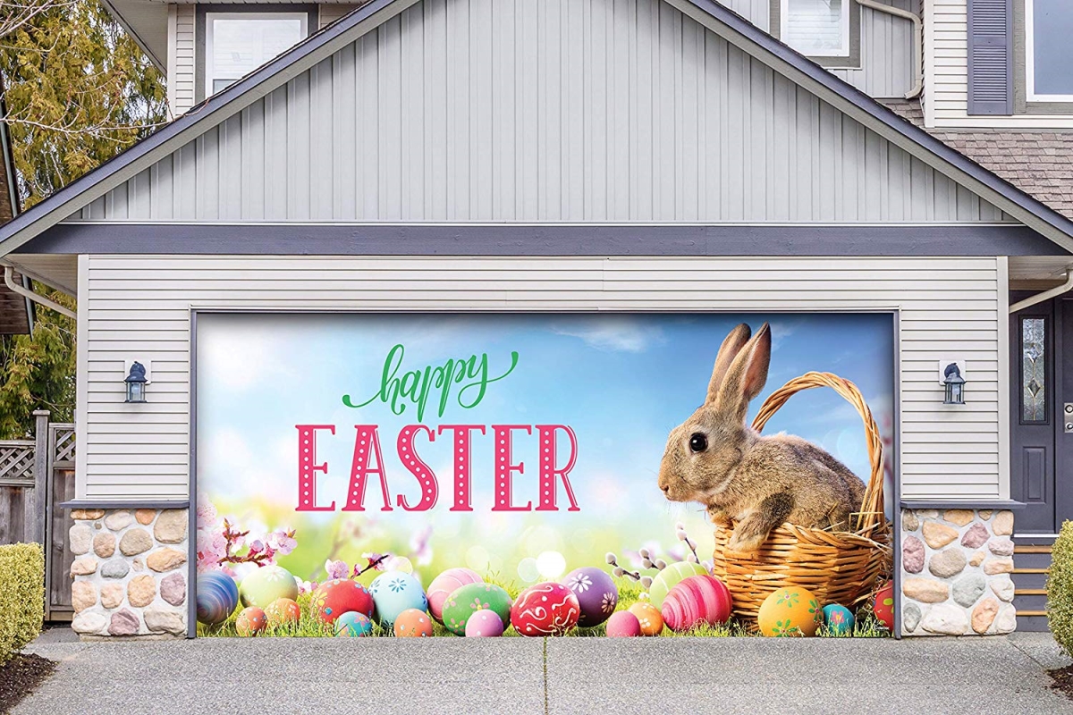 285906east-003 36 X 80 In. Happy Easter Bunny Basket Holiday Front Door Mural Sign Banner Decor, Multi Color