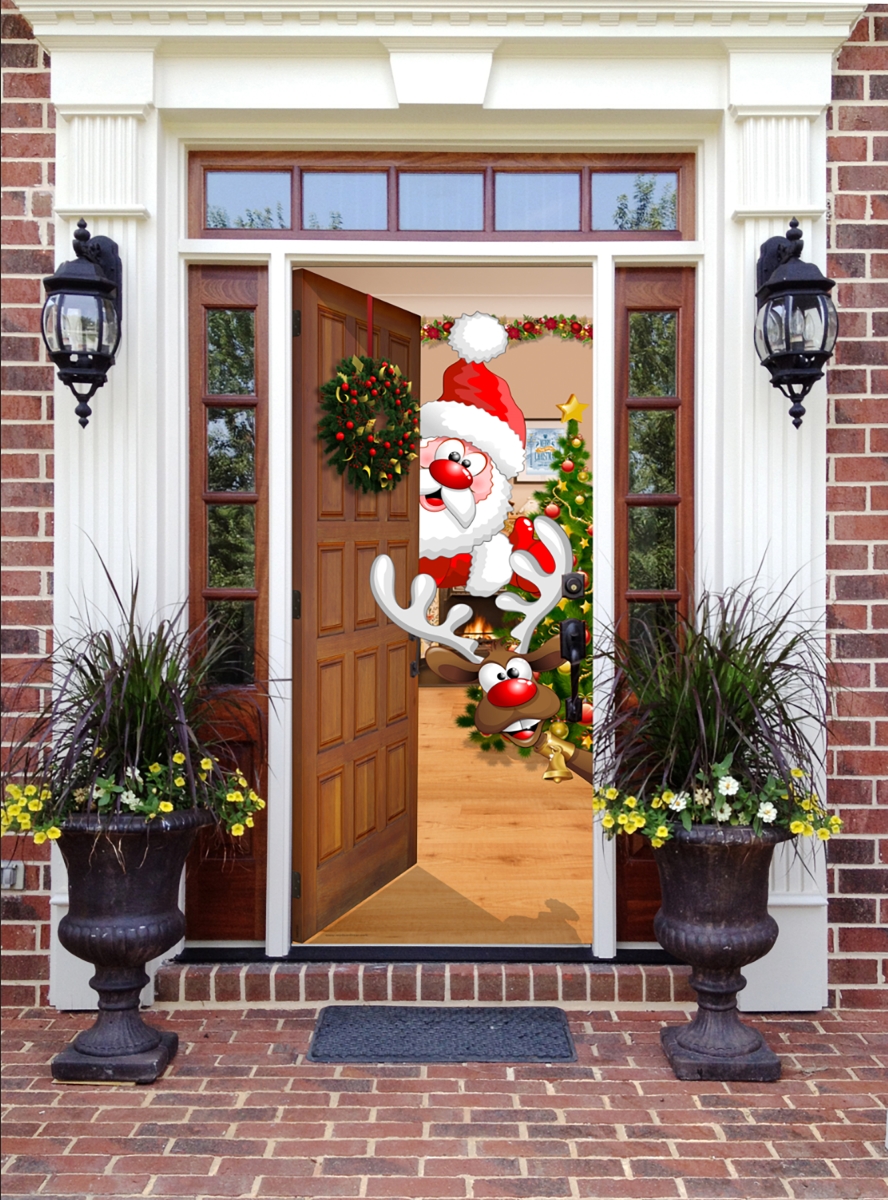 285906xmas-001 36 X 80 In. Santa & Rudolph Christmas Front Door Mural Sign Banner Decor, Multi Color