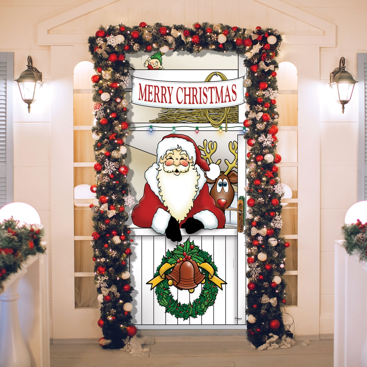 285906xmas-004 36 X 80 In. Santas Reindeer Barn Christmas Front Door Mural Sign Banner Decor, Multi Color