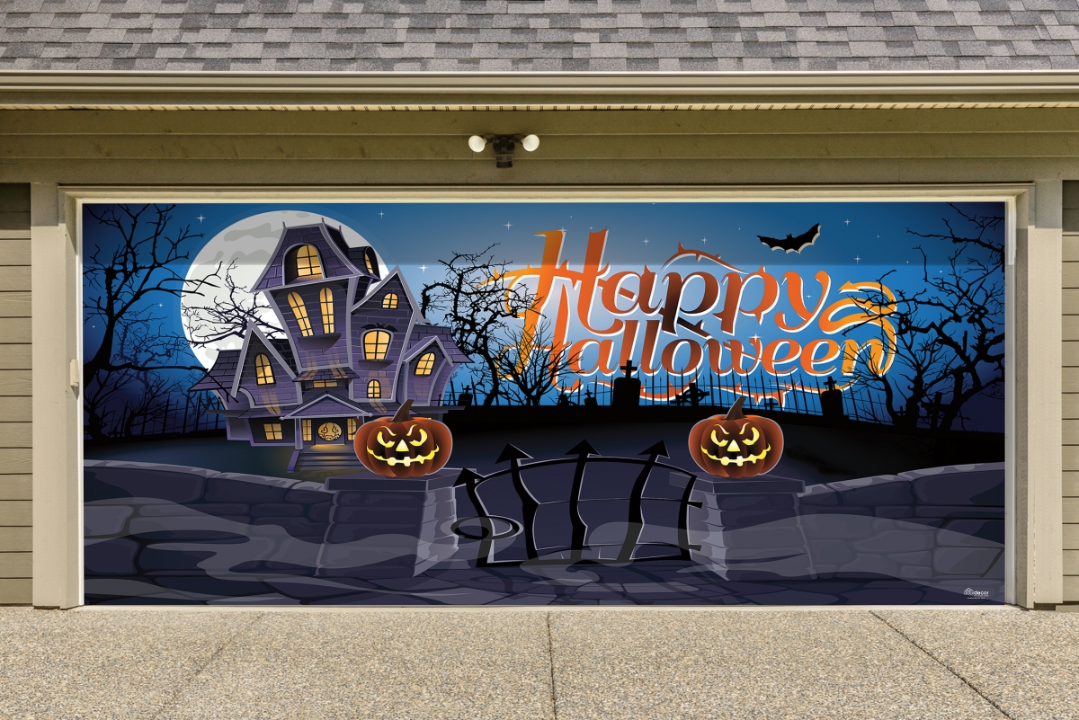 285905hall-007 7 X16 Ft. Haunted Mansion Outdoor Halloween Holiday Door Mural Sign Banner Decor, Multi Color