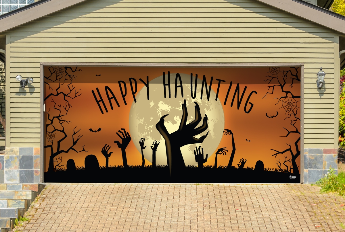 285905hall-010 7 X 16 Ft. Happy Haunting Graveyard Zombie Hands Halloween Door Mural Sign Car Garage Banner Decor, Multi Color