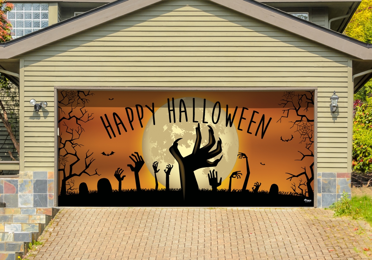 285905hall-011 7 X 16 Ft. Happy Halloween Graveyard Zombie Hands Halloween Door Mural Sign Car Garage Banner Decor, Multi Color