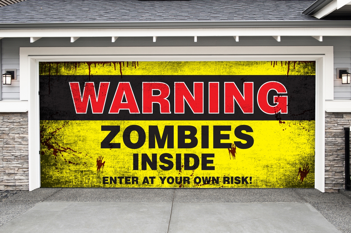 285905hall-013 7 X 16 Ft. Zombies Inside Halloween Door Mural Sign Car Garage Banner Decor, Multi Color