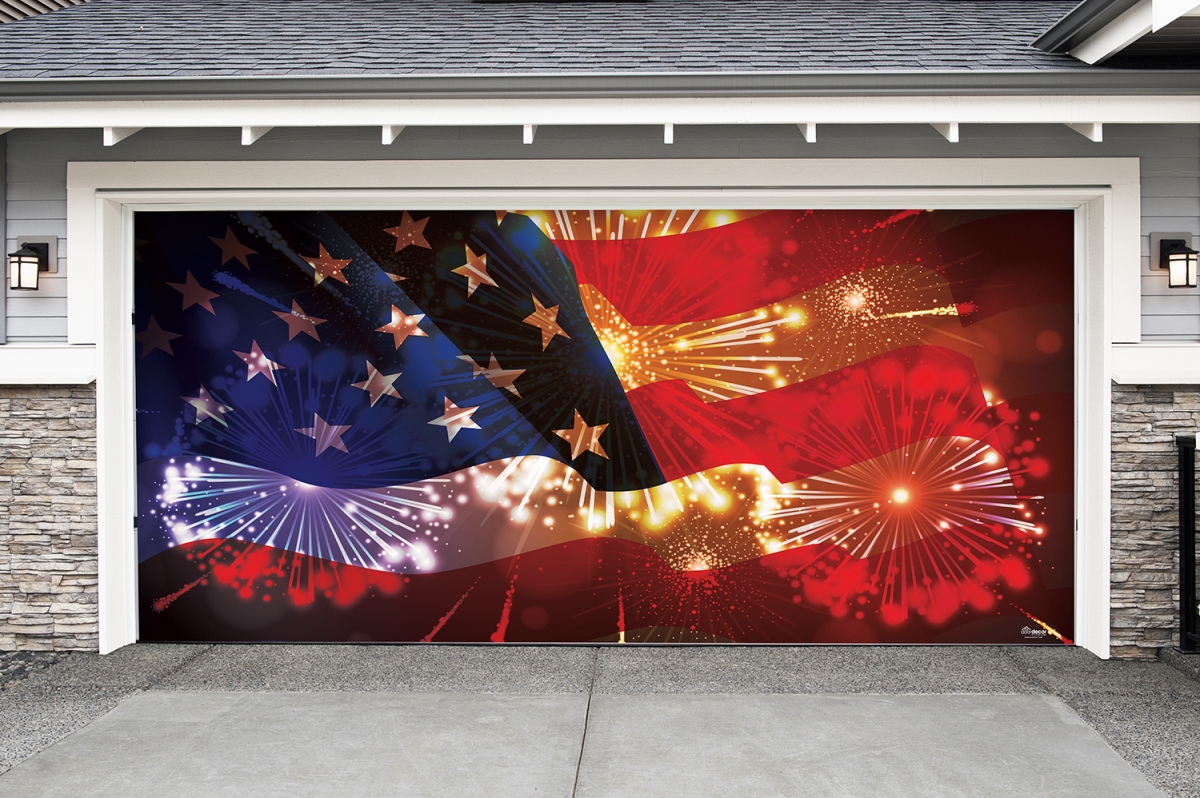 285905patr-006 7 X16 Ft. American Flag & Fireworks Outdoor Patriotic Door Mural Sign Banner Decor, Multi Color