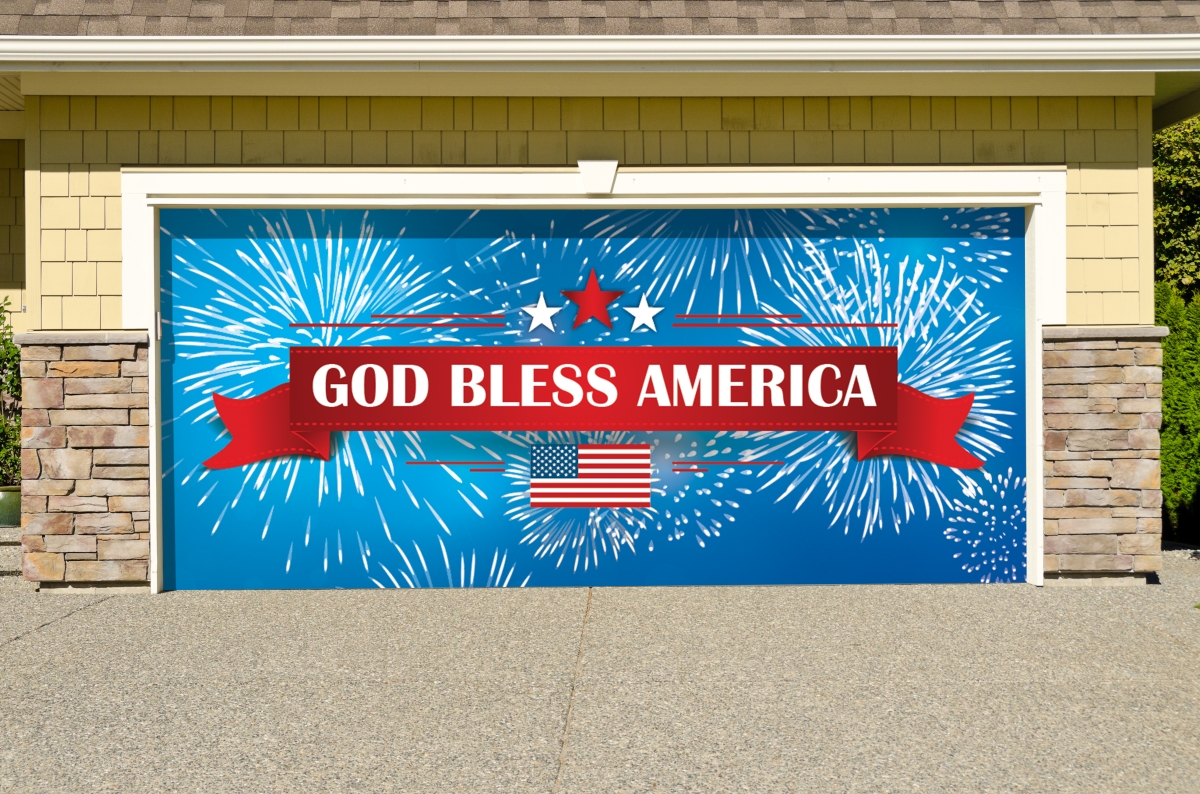 285905patr-009 7 X 16 Ft. Fireworks God Bless America Patriotic Door Mural Sign Car Garage Banner Decor, Multi Color