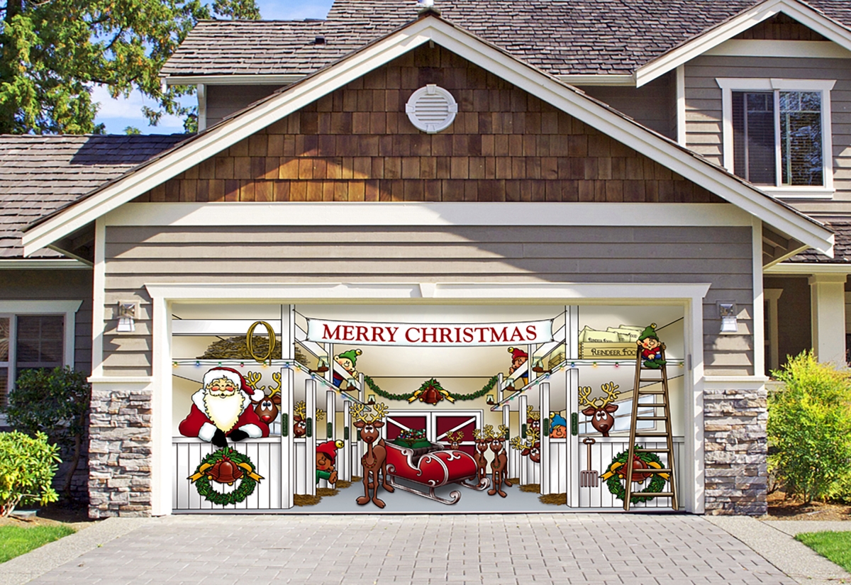 285905xmas-002 7 X16 Ft. Huge Santas Reindeer Barn Outdoor Christmas Holiday Door Banner Decor, Multi Color