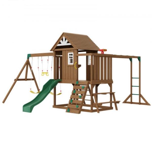ETQQHTTZMC108YH7FV0 6 ft. 10 in 1 Wooden Swing Set Outdoor Playground Slide Upper Fort
