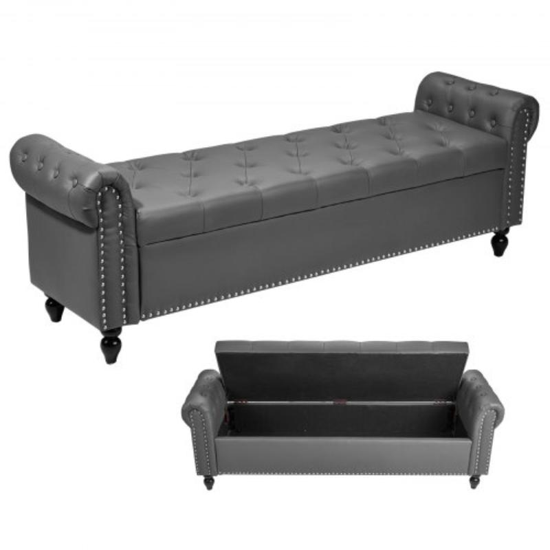 Button-Tufted Storage Ottoman Bench - Rolled Arm PU Leather Bench with Solid Wood Legs - Modern Shoe Benches Seat for Entryway - Gray
