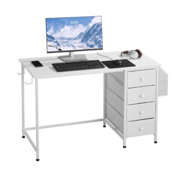 Computer Desk - 47 in. Reversible Study Work Writing Desk - White - Fabric Drawers - Metal Frame - Modern Home Office Bedroom Furniture