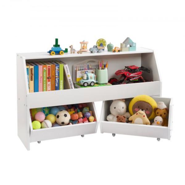 Toy Storage Organizer - Wooden Kids Bookshelf with Storage - Toy Storage Cabinet with 2 Mobile Drawers - Kids Storage Organizer - White