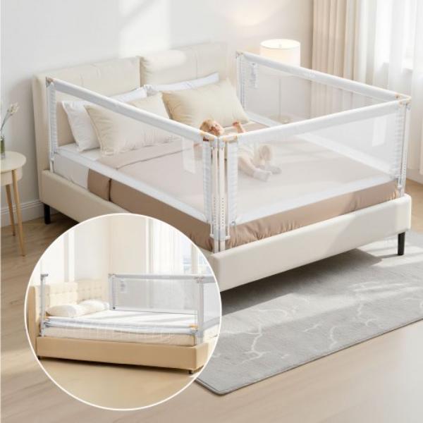 YYECLHHLBYSXDOT07001V0 Toddler Bed Rail - Grey - Adjustable Height Bed Side Railing - Portable Guard Bumper Barrier - 3 Sides - Queen Size - 3 Piece