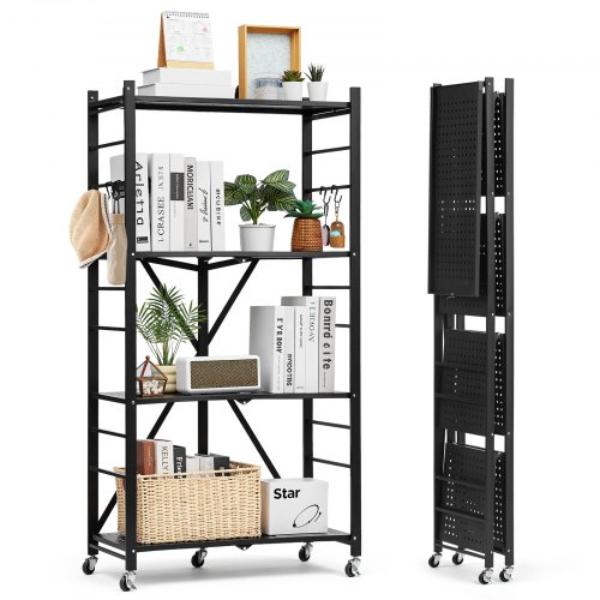 4-Tier Foldable Storage Shelf - 28 x 13 x 54 in. Folding Metal Rack Shelving Unit - No Assembly Organizer Shelf with 5 Wheels & 4 Hooks - Black