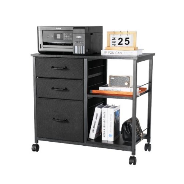 Metal File Cabinet - Mobile Filing Cabinet with 3 Fabric Drawers & 2 Open Shelves - Wooden Vertical Filing Storage Cabinets - Black