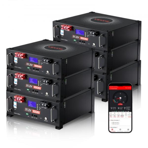 48V 600Ah LiFePO4 Lithium Battery - 100Ah - 30.72kWh - 51.2V Server Rack LiFePO4 Battery for Off-Grid - Solar System - Backup Power - Pack of 6