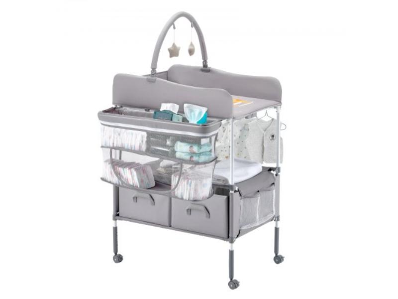 ZDNBTQHSHXWD5L2KV001V0 Foldable Diaper Baby Changing Table Station with 2 Fabric Drawers, Light Gray