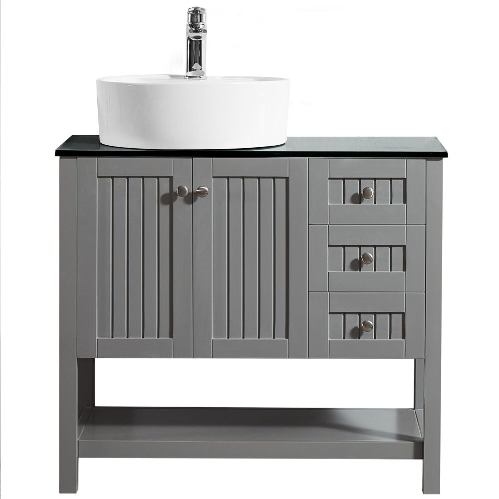 756036-gr-bg-nm 36 In. Vanity In Grey With Glass Countertop With White Vessel Sink Without Mirror