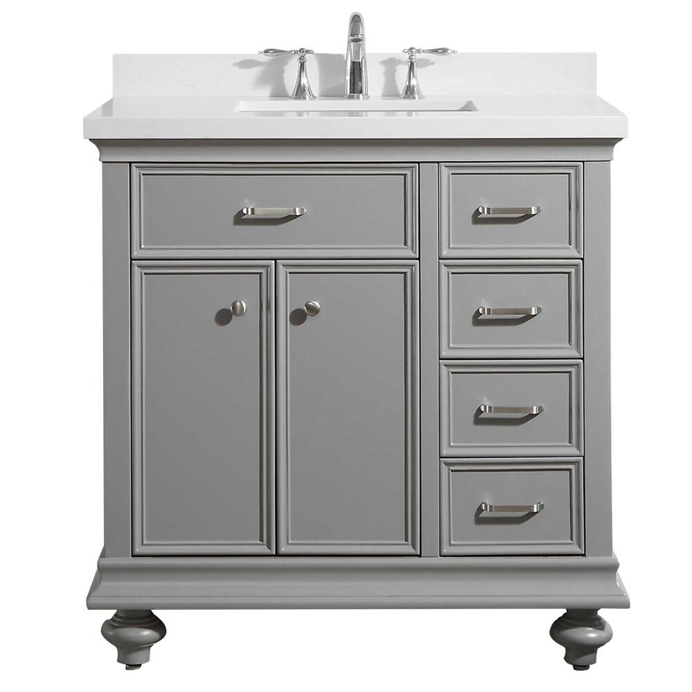 Charlotte 735036-gr-cqs-nm 36 In. Vanity In Grey With Carrara Quartz Stone Top Without Mirror