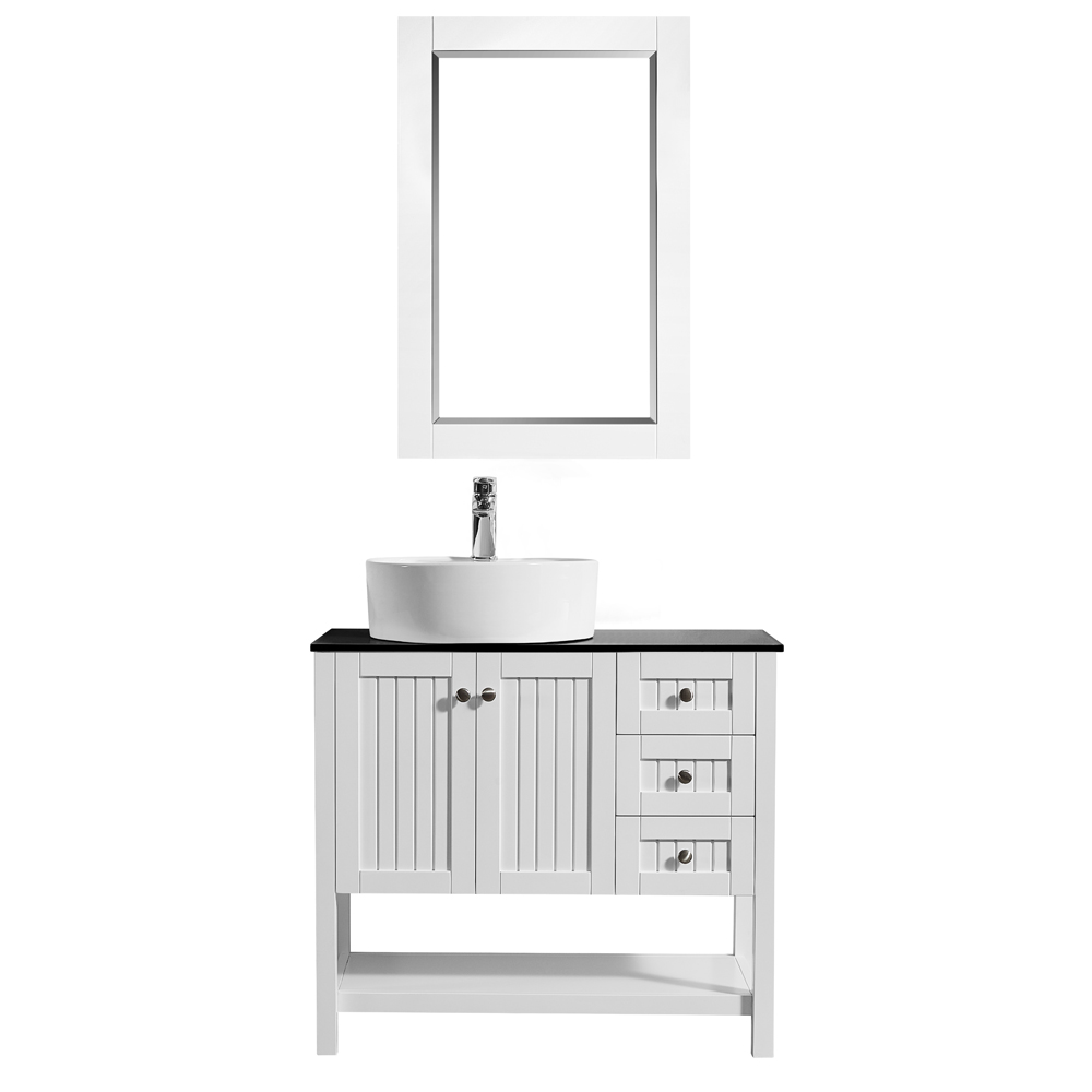 756036-wh-bg 36 In. Vanity In White With Glass Countertop With White Vessel Sink With Mirror