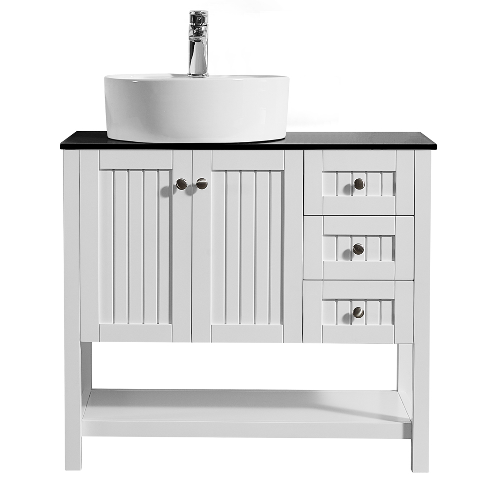 756036-wh-bg-nm 36 In. Vanity In White With Glass Countertop With White Vessel Sink Without Mirror