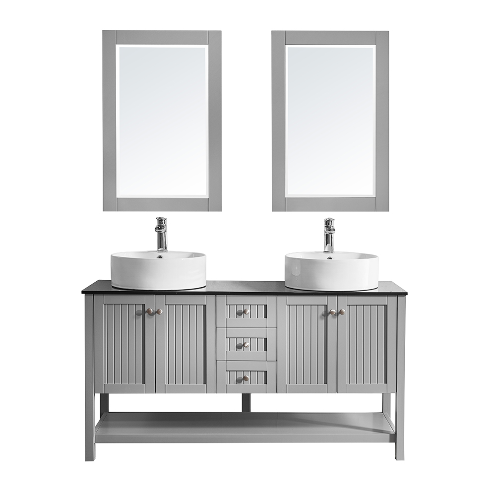 756060-gr-bg 60 In. Double Vanity In Grey With Glass Countertop With White Vessel Sink With Mirror