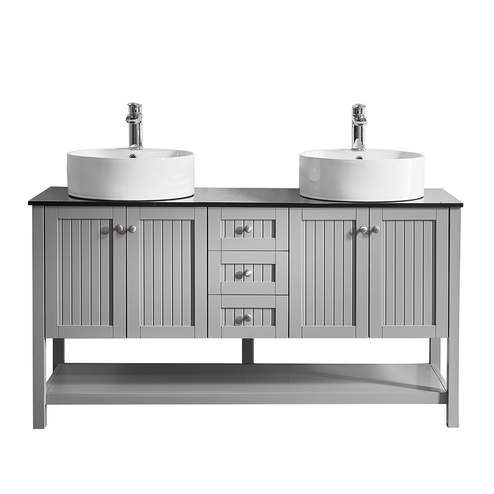 756060-gr-bg-nm 60 In. Double Vanity In Grey With Glass Countertop With White Vessel Sink Without Mirror