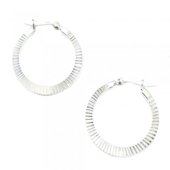 2s-6361e Sterling Silver Earring Flat Line Round Hoop Vertical Lines