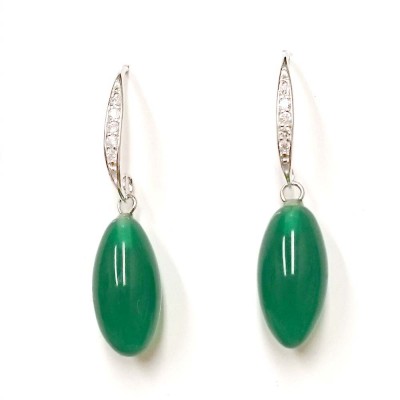Sterling Silver Earring Oval Jade Drop With Cubic Zirconia Fish Wire, Clear & Green