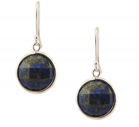 16 Mm Sterling Silver Earring Round Chess Cut Lapis Dangle, Blue