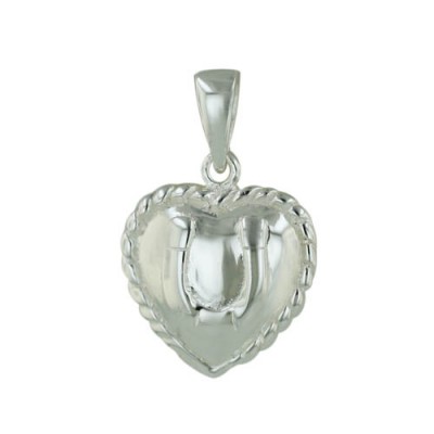18 In. Sterling Silver Pendant Rope Puff Heart With Horseshoe Motif Chain