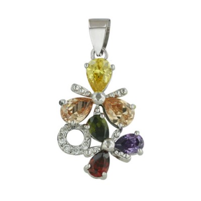 18 In. Sterling Silver Pendant Multi-color Cubic Zirconia 3 Petals Flower Chain