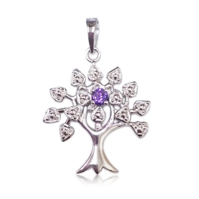 18 In. Sterling Silver Pendnat Tree Of Life Birthstone Amethyst Cubic Zirconia Chain