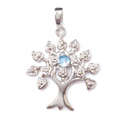 18 In. Sterling Silver Pendnat Tree Of Life Birthstone Aqua Glass Chain