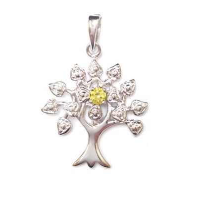 18 In. Sterling Silver Pendnat Tree Of Life Birthstone Citrine Cubic Zirconia Chain