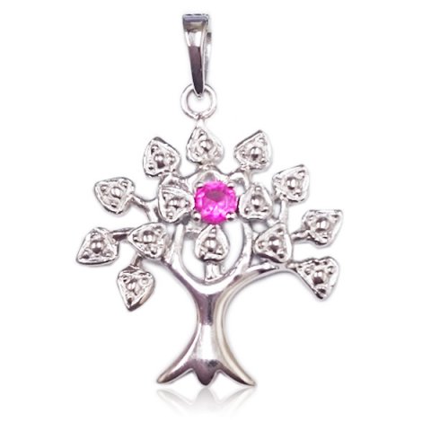 18 In. Sterling Silver Pendnat Tree Of Life Birthstone Ruby Glass Chain