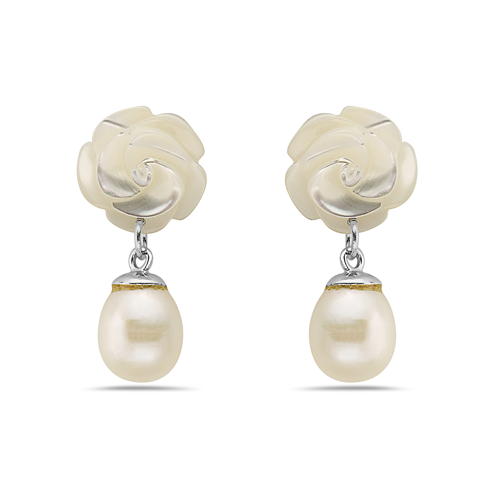 Sterling Silver Mother of Pearl Carved Flower Top Earring with Drop of Freshwater Pearl