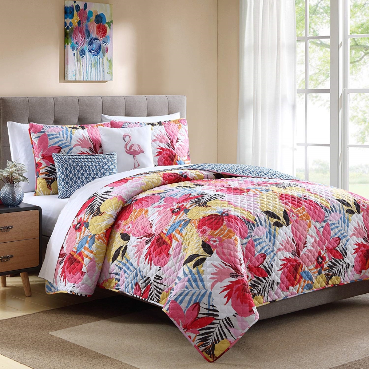 18511703bw-mul Lanai Quilt Set, Pink - Full & Queen Size, 5 Piece