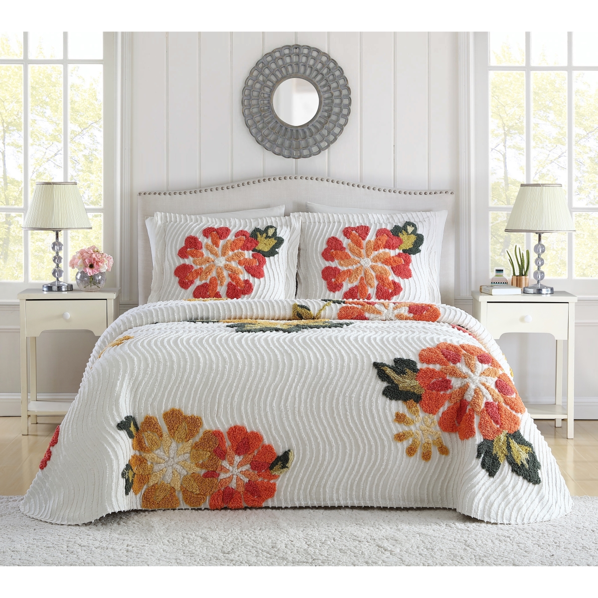 20731802bsp-mul Autumn Chenille Bedspread Set, White - Full Size