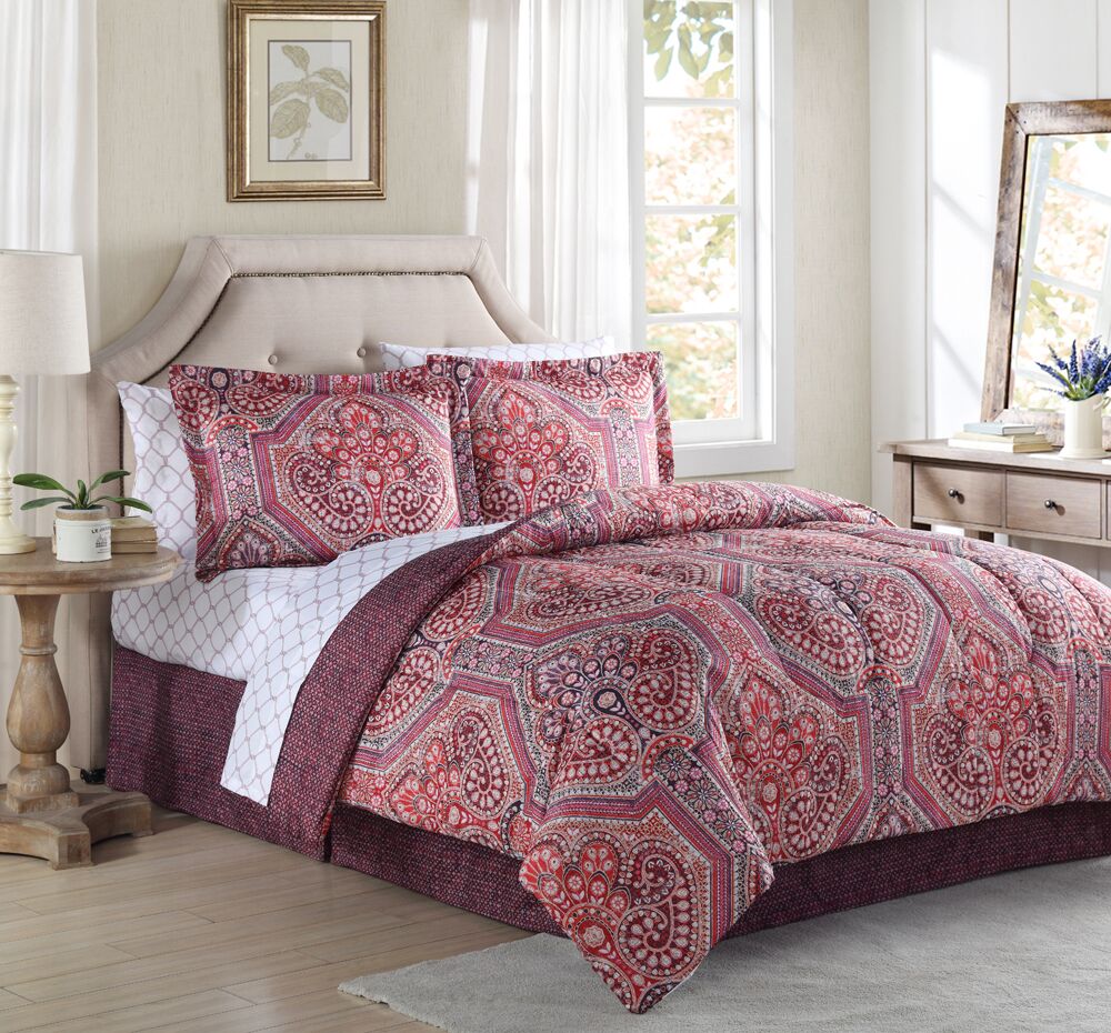 18101702bb-mul Alden Bed In A Bag Comforter Set, Red - Full Size, 8 Piece