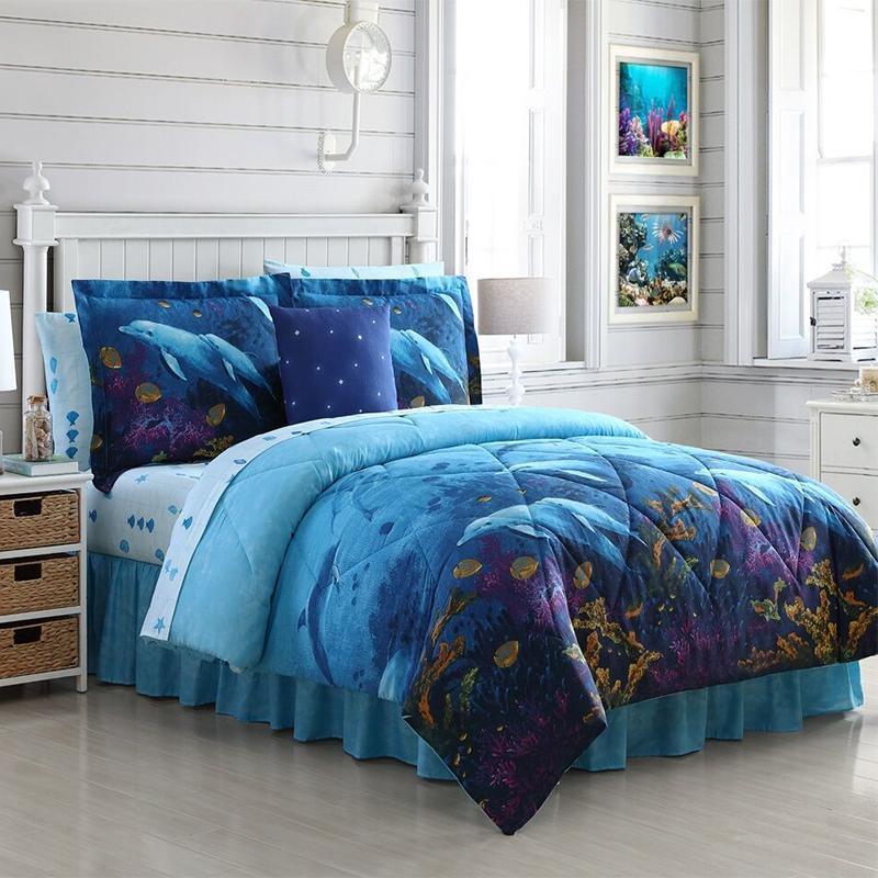 20661801bb-mul Dolphin Cove Bed In A Bag Comforter Set, Blue - Twin Size, 6 Piece