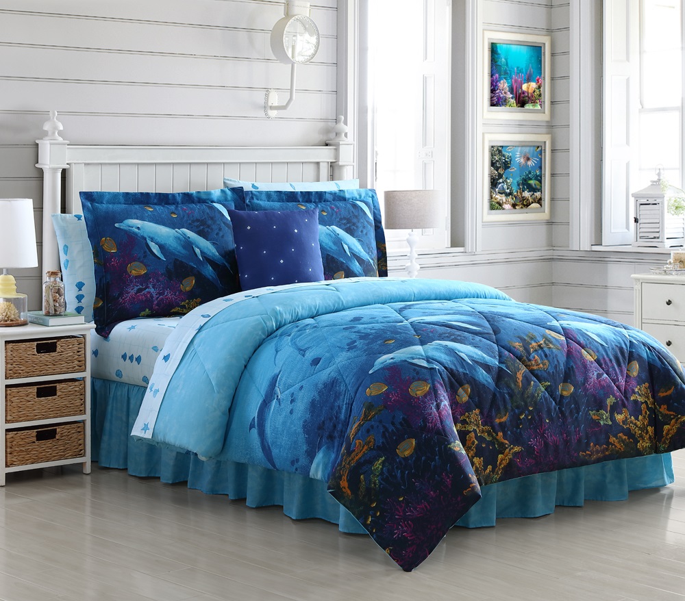 20661802bb-mul Dolphin Cove Bed In A Bag Comforter Set, Blue - Full Size, 8 Piece