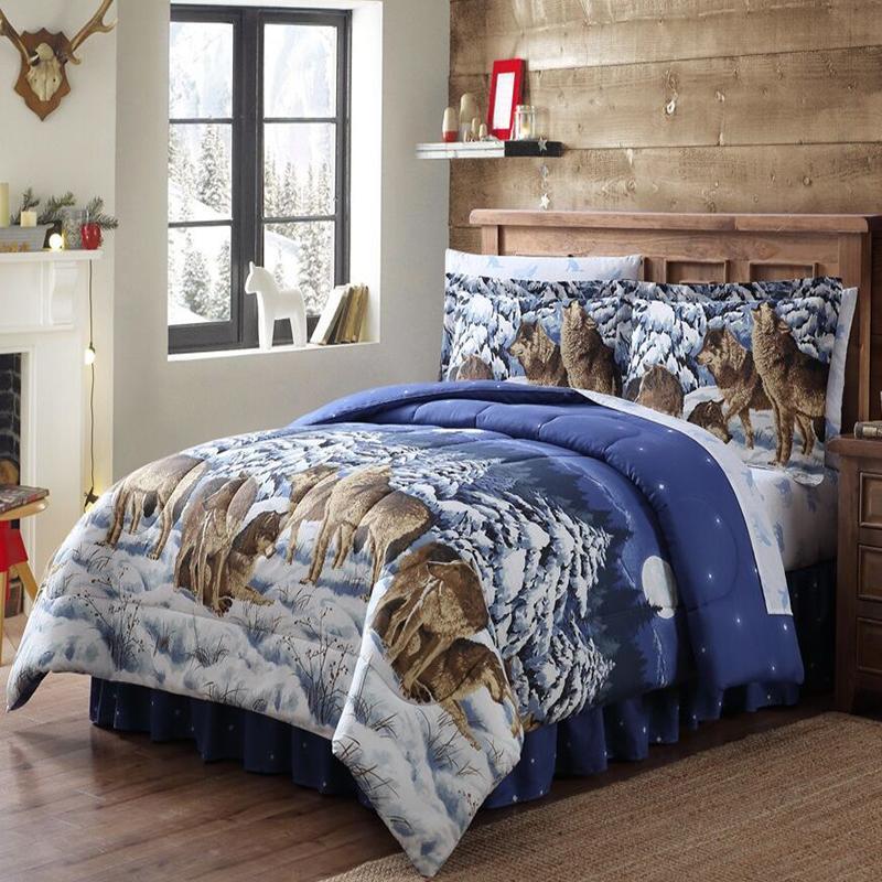 20681801bb-mul Midnight Wolves Bed In A Bag Comforter Set, Blue - Twin Size, 6 Piece
