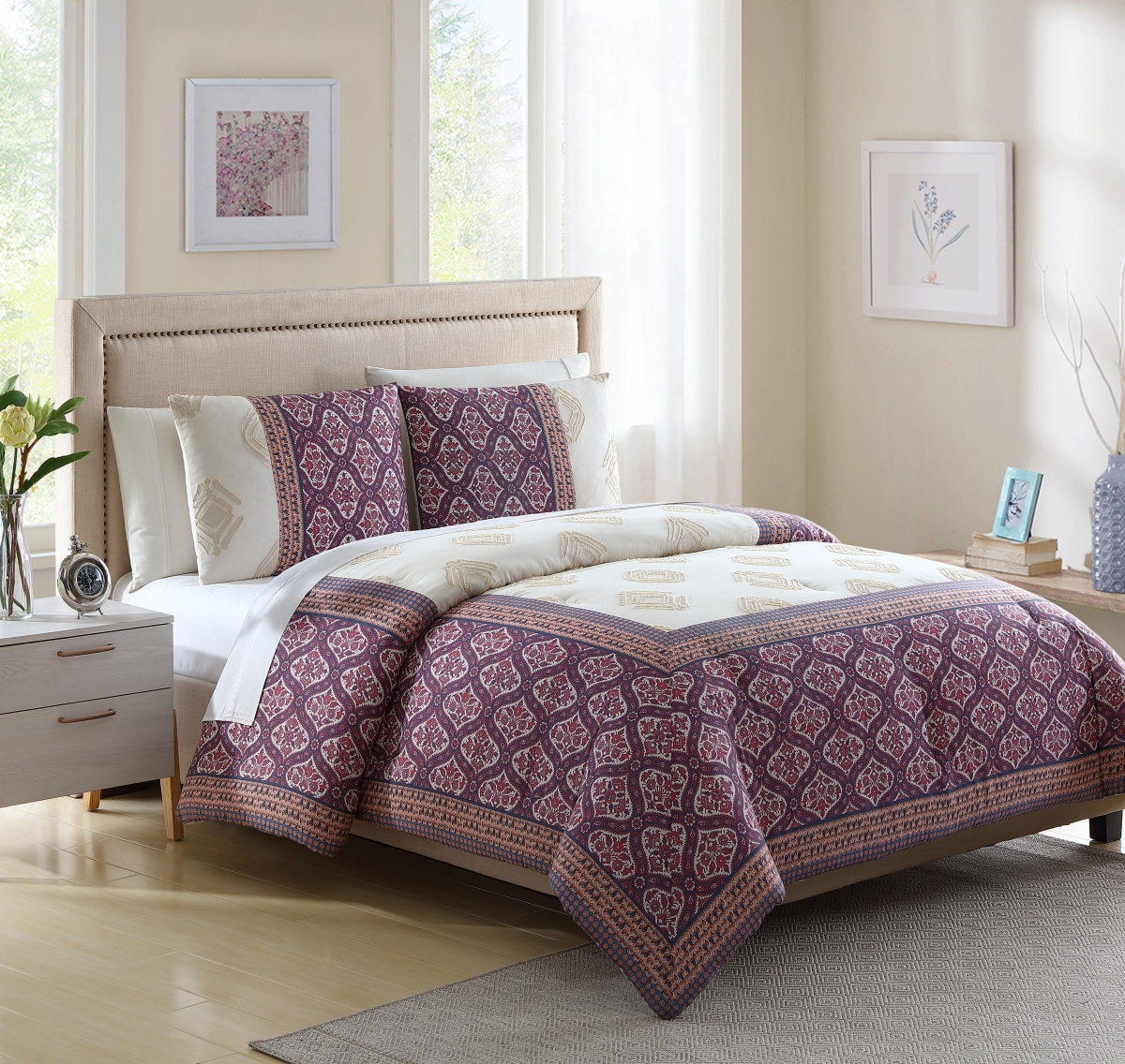 21051802cms-mul 2 & 3 Piece Myra Clipped Jacquard Boho Comforter Set - Cream, Full Size
