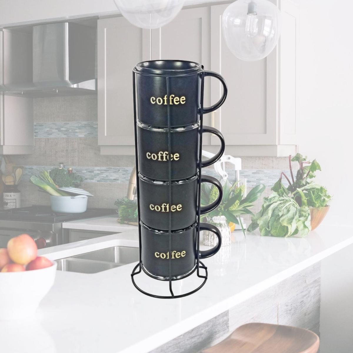 Picture of Marcelle W03M192 4 Piece 14 oz Stackable Mug Set with 4mm Black Stand - Matt Black