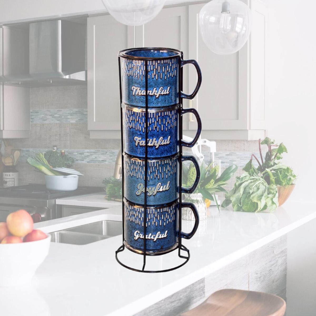 Picture of Marcelle W03M194 4 Piece 14 oz Stackable Mug Set with Black Stand - Blue