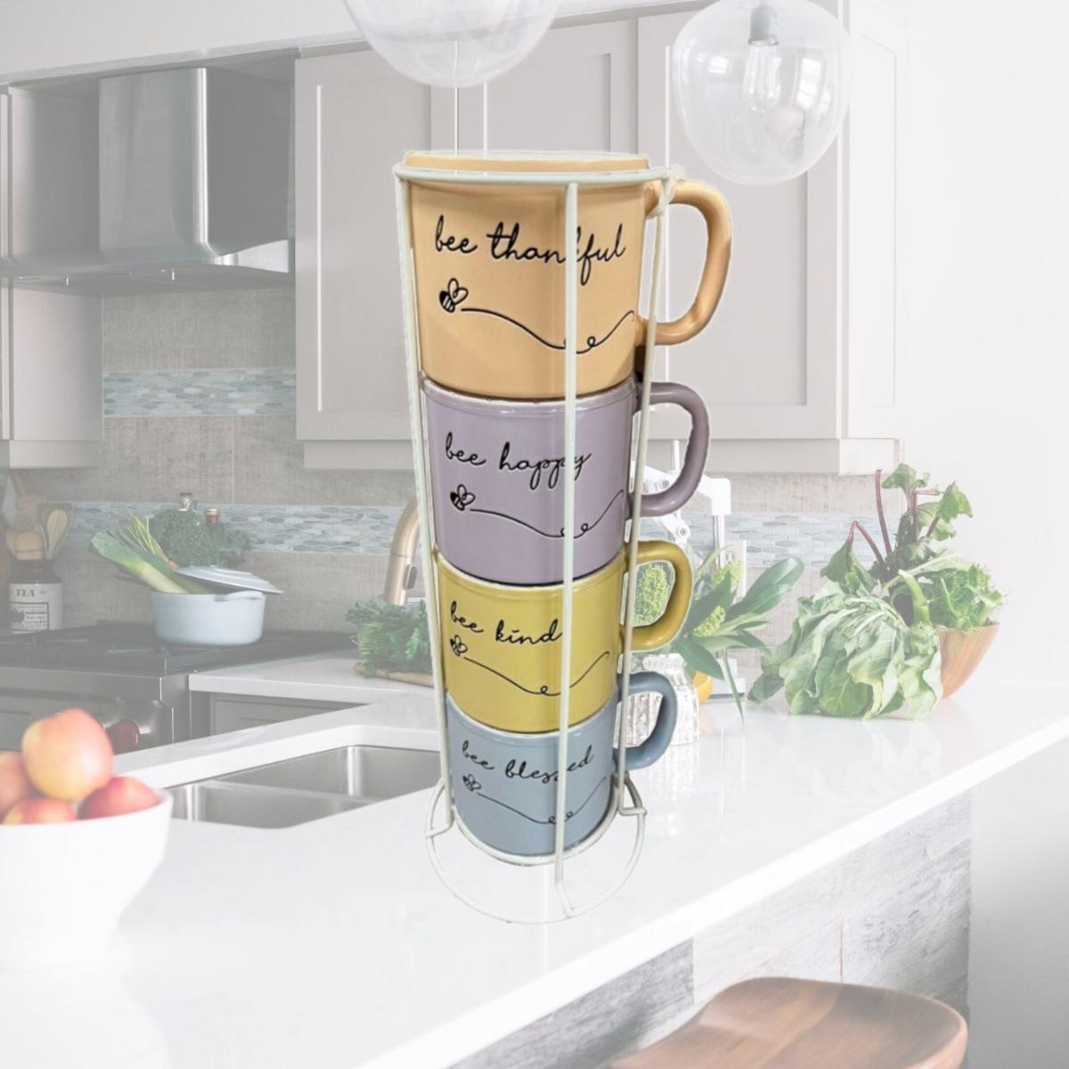 Picture of Marcelle W03M189-1 4 Piece Stackable Bee Mug Set with White Stand - Multi Color