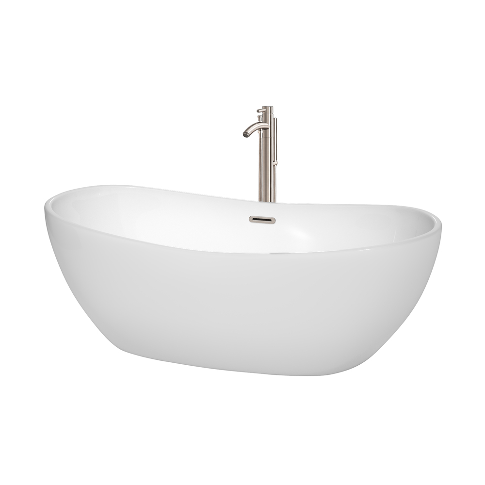 65 In. Freestanding Bathtub Floor Mounted Faucet, Drain & Overflow Trim - White With Brushed Nickel