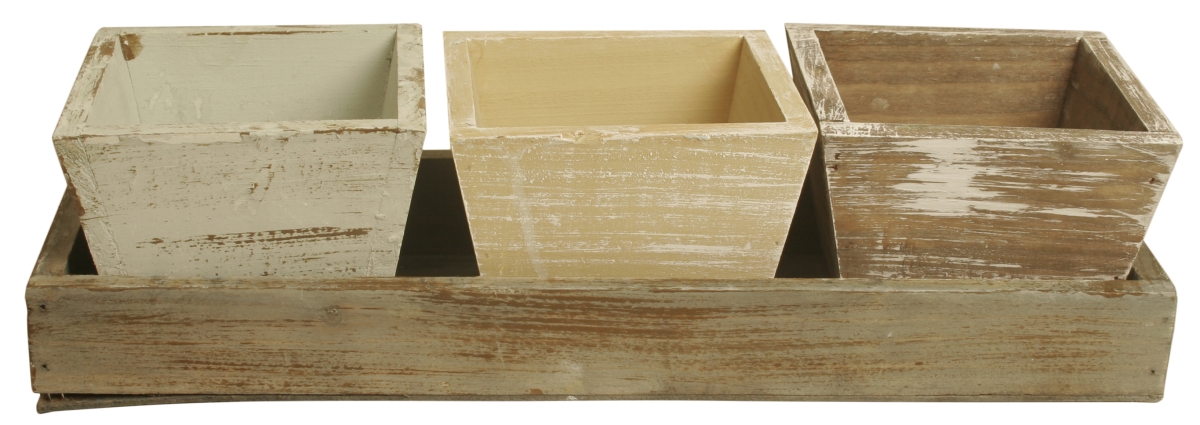 70031 Distressed Wood Tray With Planters - Set Of 2