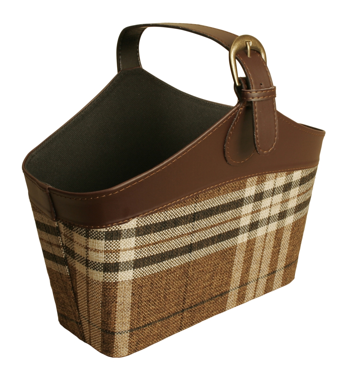 9154 Plaid Faux Leather & Fabric Tote With Handle, Brown - Set Of 2