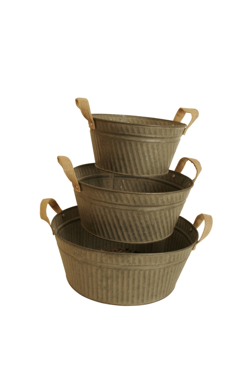 8668-s3-rd Round Rustic Galvanized Metal Container With Burlap Handles